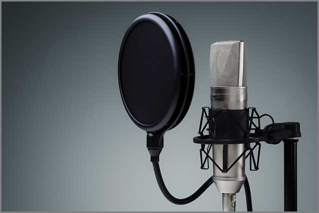 An image of a studio microphone pop shield on mic