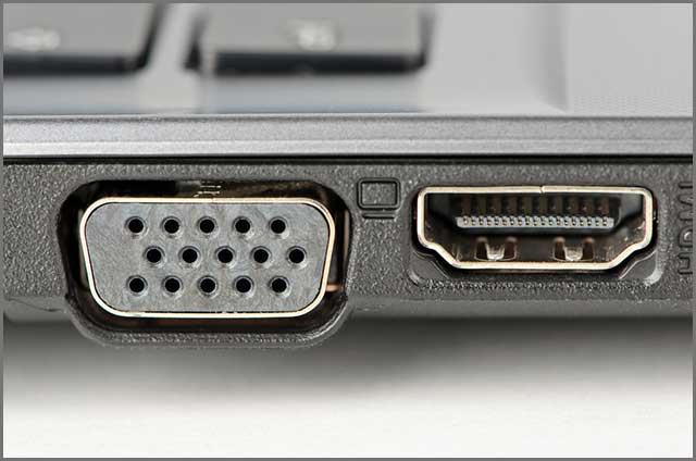 An image of sockets HDMI and Display port on a laptop