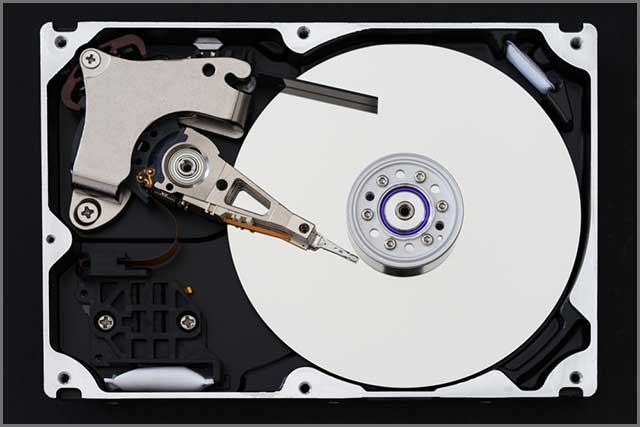 Hard disk drive with removed cover, hdd inside flat view, ribbon cable