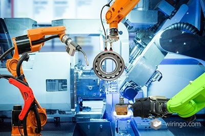 Industrial robotic welding and robot gripping working on smart factory