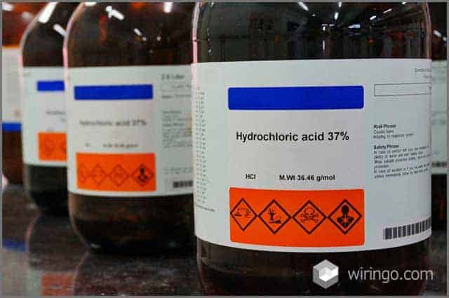 Bottle of Hydrochloric Acid, HCL with Properties information