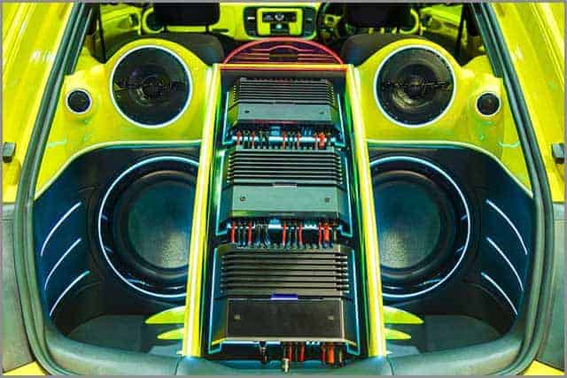 Audio System with Amplifiers and LCD Monitors in a Car Trunk