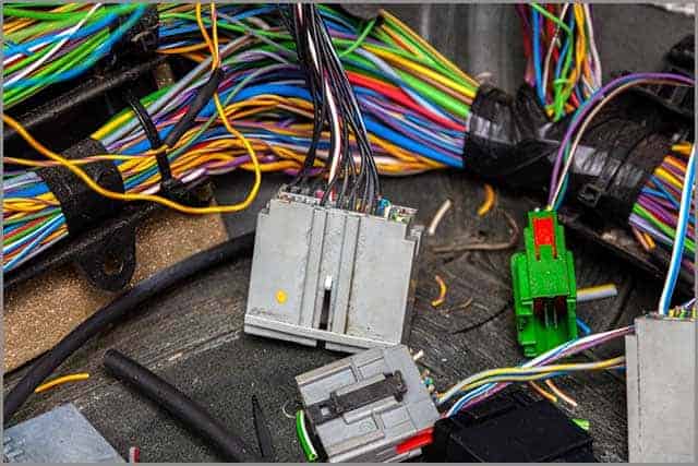 Terminal Boxes and Multi-colored Electric Wires of an Automobile Wiring with the Removed Internal Covering