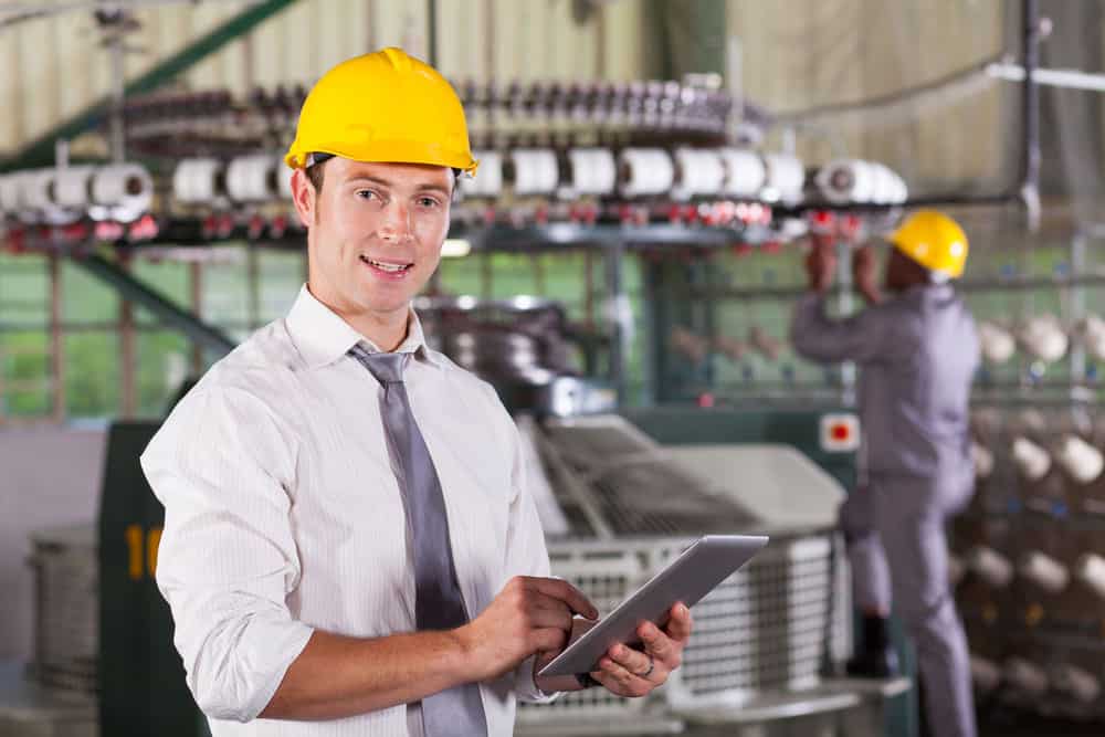 A worker using a helmet