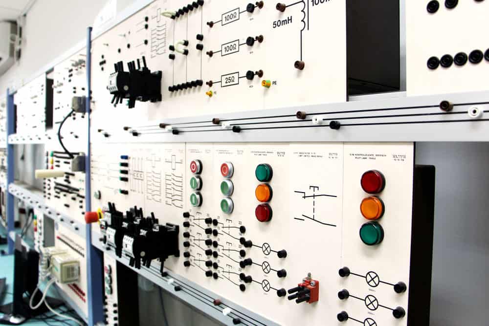 A control panel in an electronics lab