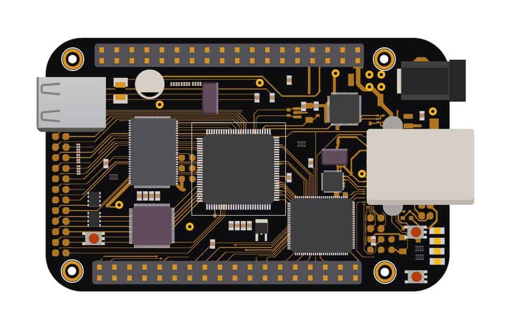 DIY electronic mega board with a microcontroller, LEDs, connectors, and other electronic components