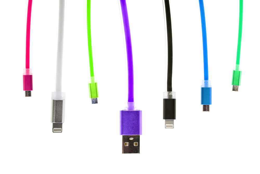 Multicolored USB cables with types of connectors